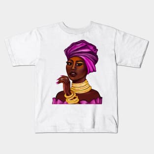 Queen Black is beautiful black girl with Gold bangles, neck ring necklace, purple dress and head wrap, brown eyes and dark brown skin ! Kids T-Shirt